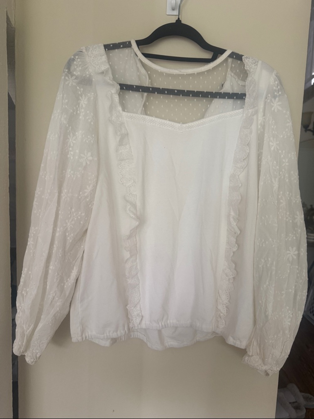 Marc New York Cream Sheer Lace-Trim Blouse